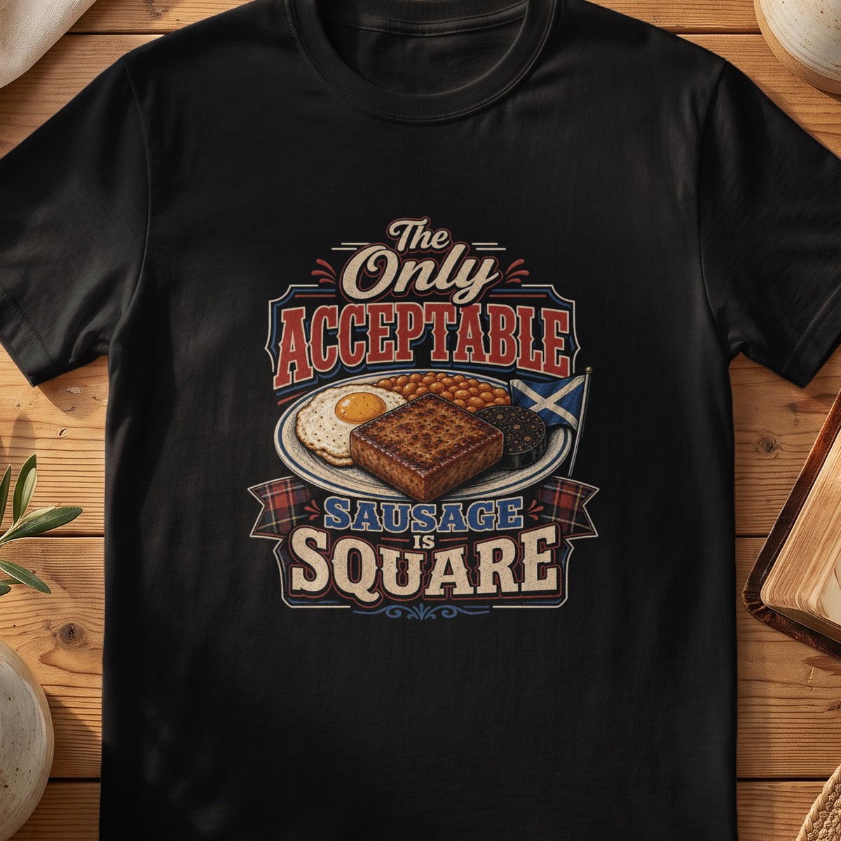 Black Gildan 64000 unisex T-shirt flatlay with The Only Acceptable Sausage Is Square Scottish graphic design