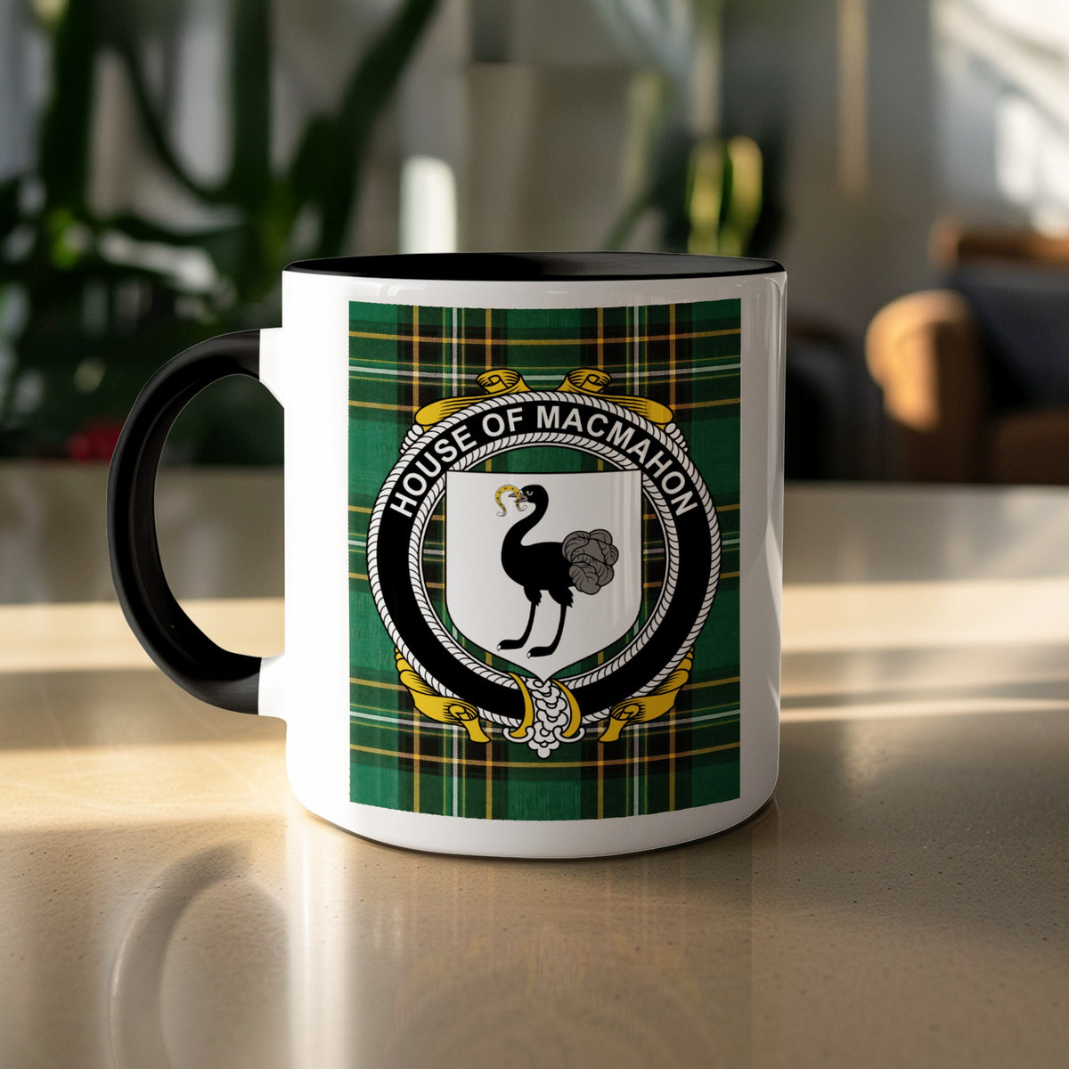 MacMahon surname accent mug displayed with Irish National Tartan design