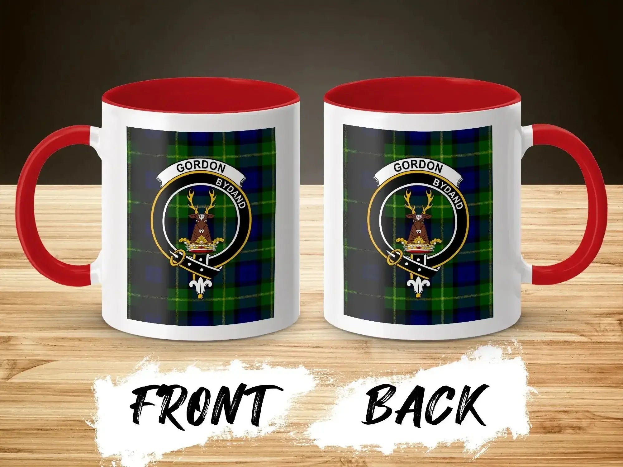 Clan Gordon 15oz accent mug with red handle showing Gordon crest and tartan print
