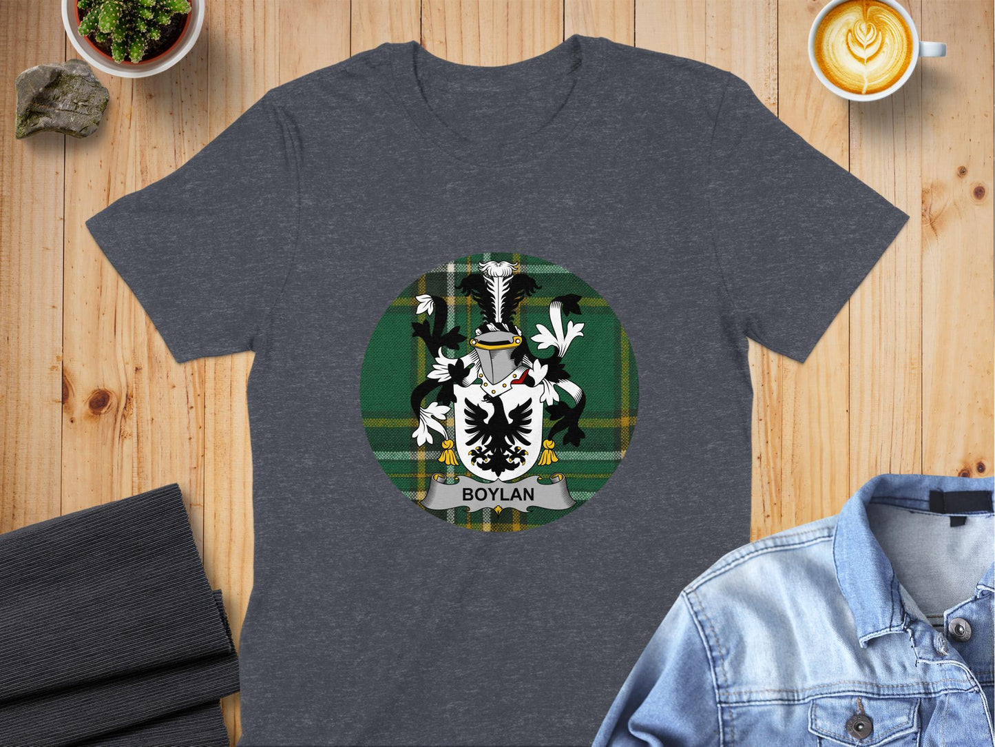 Boylan Family Crest Irish Tartan Background T-Shirt - Living Stone Gifts