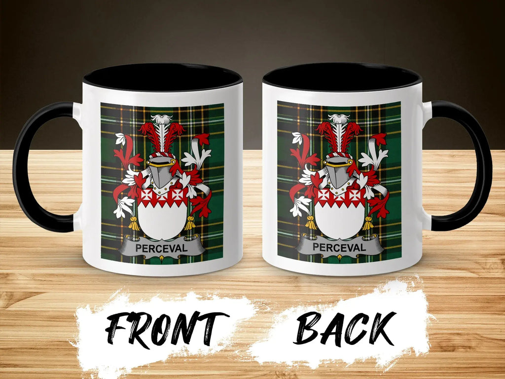 Perceval ceramic accent mug with black handle and family crest on tartan