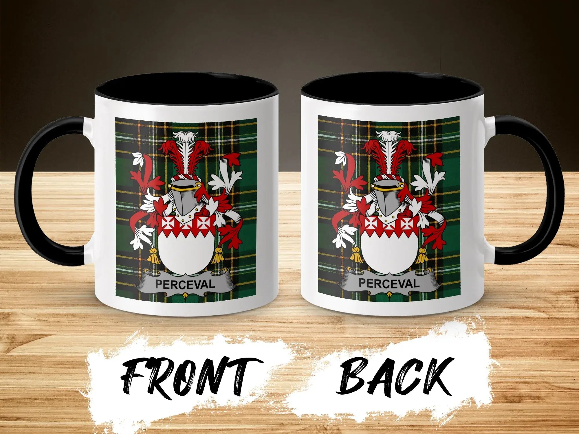Perceval ceramic accent mug with black handle and family crest on tartan