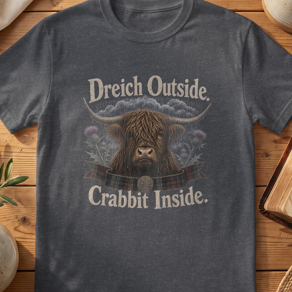 Dark grey Gildan 64000 unisex T-shirt flatlay with Dreich Outside Crabbit Inside Scottish graphic design