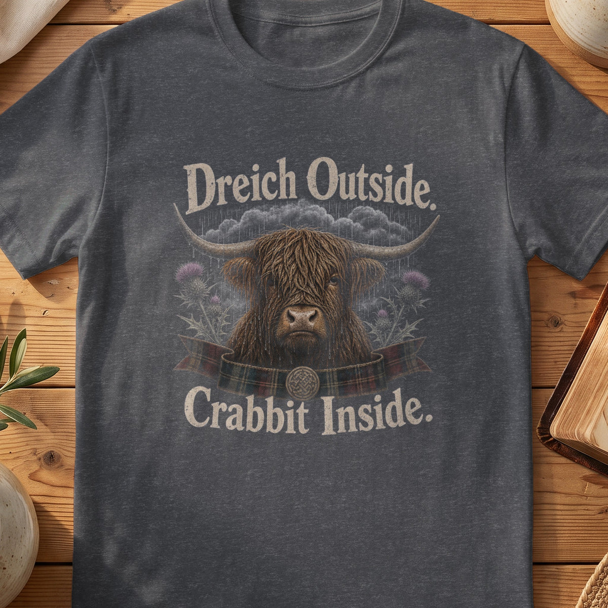 Dark grey Gildan 64000 unisex T-shirt flatlay with Dreich Outside Crabbit Inside Scottish graphic design
