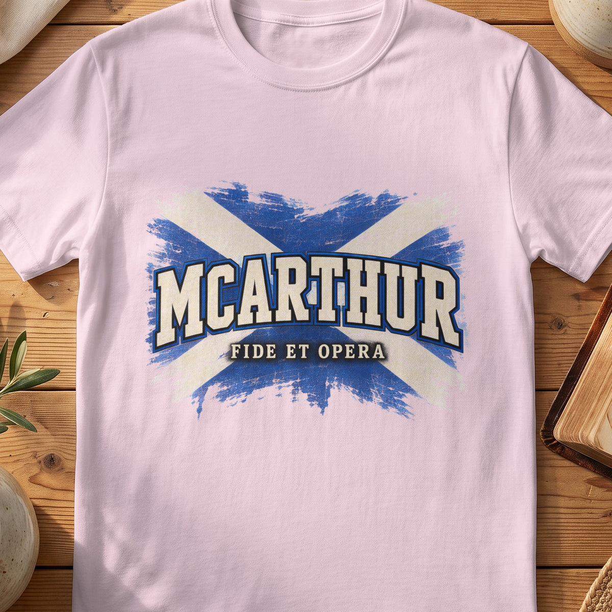McArthur Scottish Saltire T-shirt in Light Pink, with distressed blue and cream flag and “Fide et Opera” lettering.