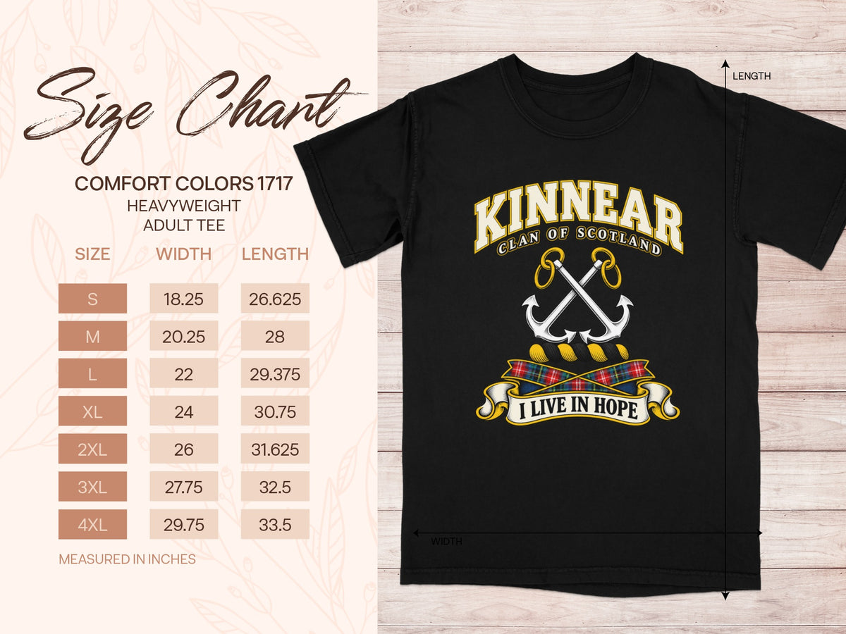 Comfort Colors 1717 size chart for the Kinnear Scottish clan T-shirt, adult sizes S–4XL.