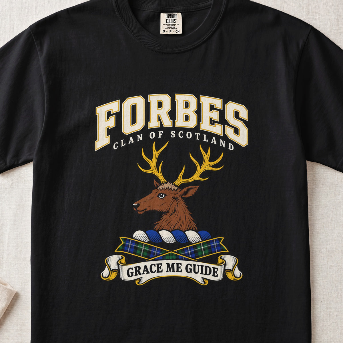 Forbes graphic T-shirt in Black, front flat lay showing varsity lettering and brown stag head with gold antlers.