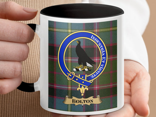 Clan Bolton Crest Badge with Tartan Background Mug - Living Stone Gifts