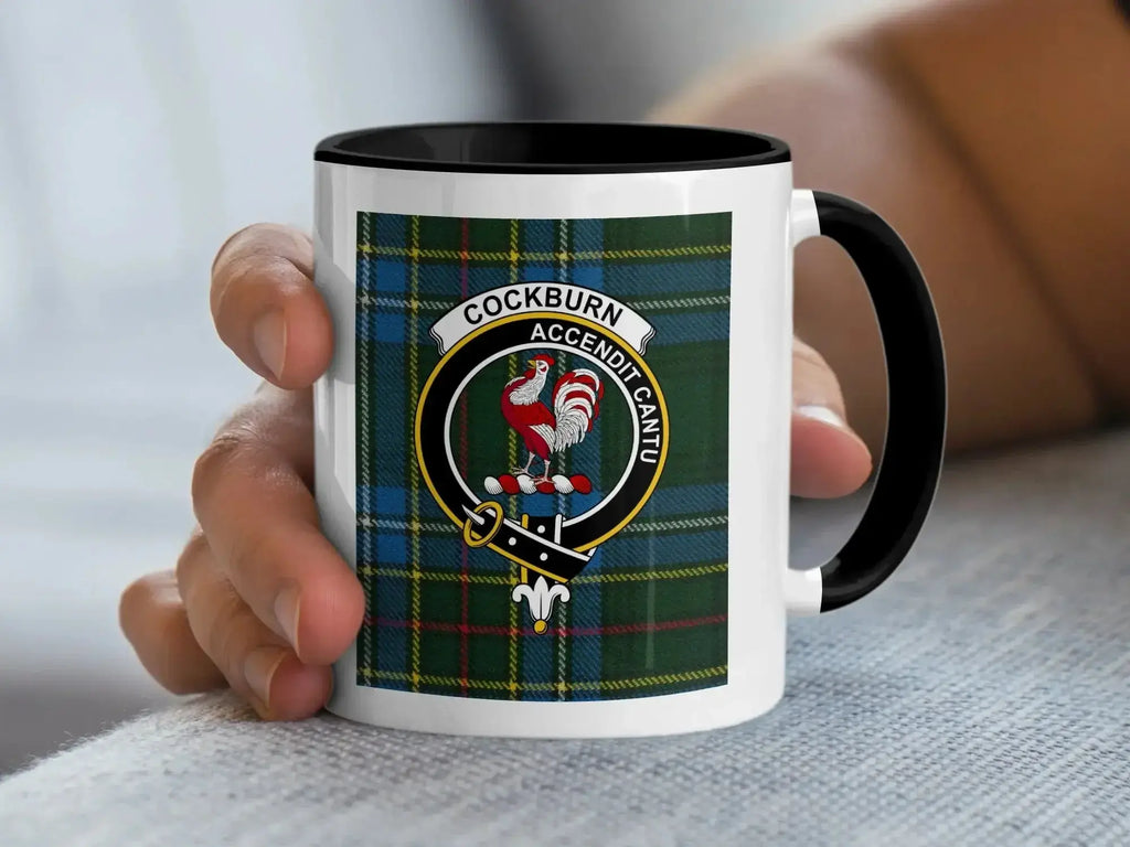 Clan Cockburn tartan mug — black handle, 15 oz ceramic