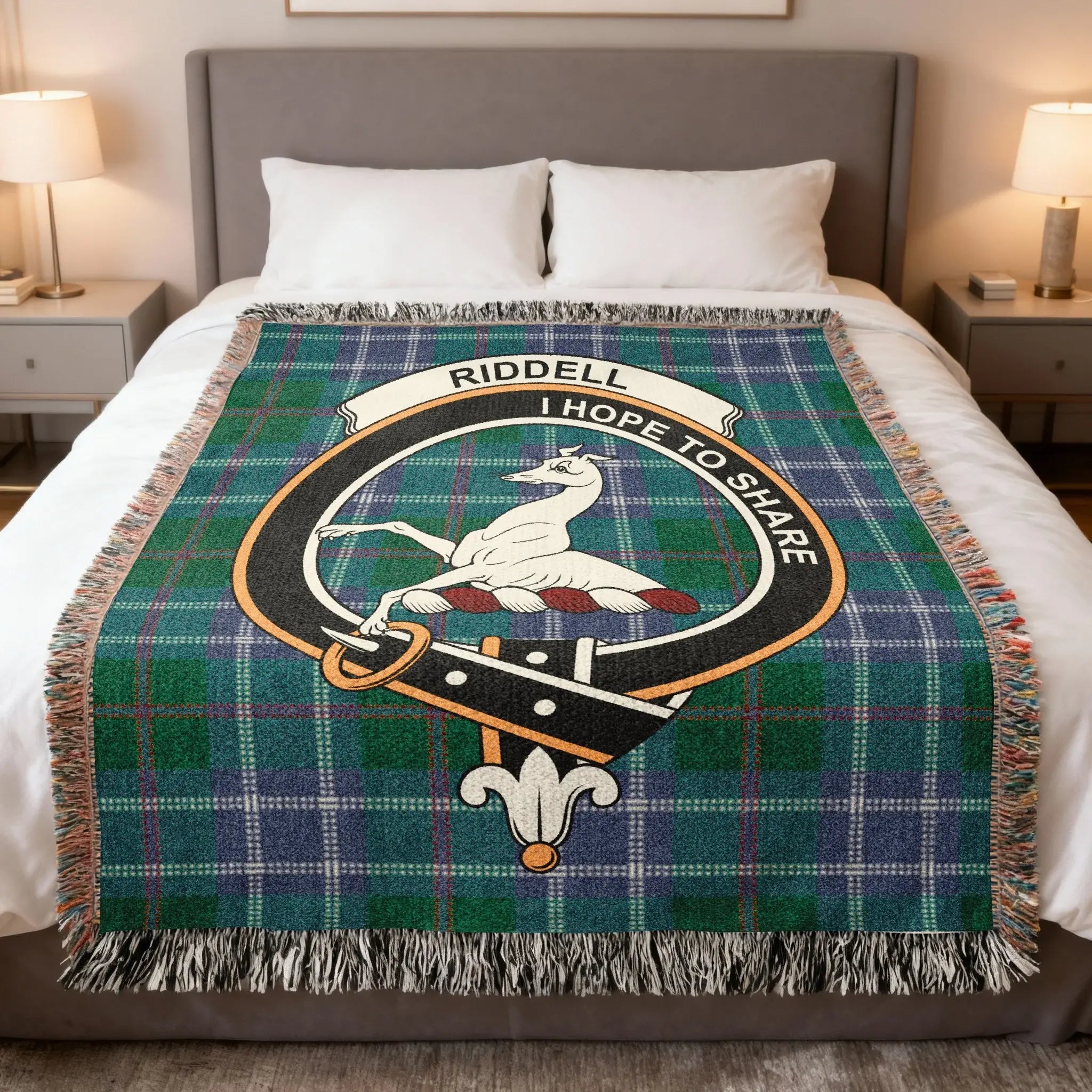 Clan Riddell I Hope to Share woven tartan blanket — crest in full colour, fringe border, 60" x 50"