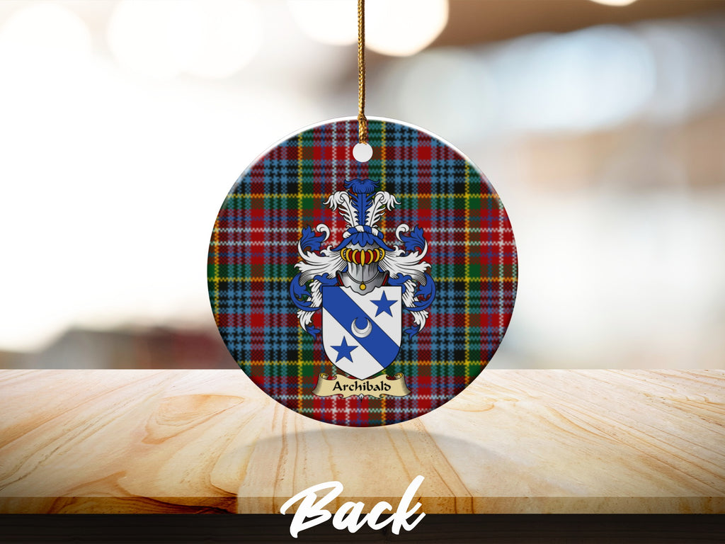 Round Archibald Scottish clan ornament with family crest on a Caledonia tartan background