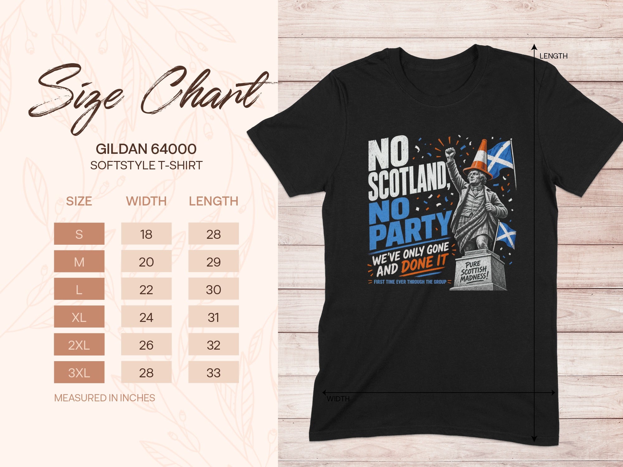 Gildan 64000 t-shirt size chart with graphic of Scottish statue celebrating.