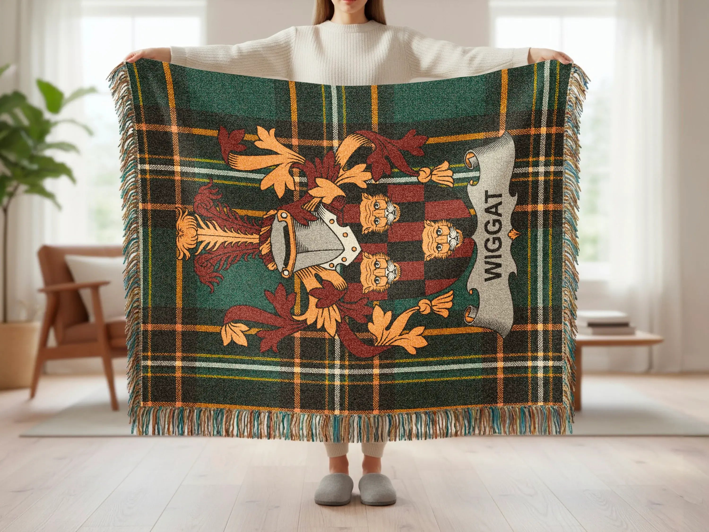 Green and gold plaid throw blanket with a coat of arms and "WIGGAT" text.