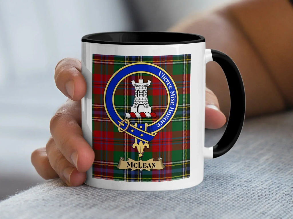 Mug with McClean clan crest on tartan background, held by hand.