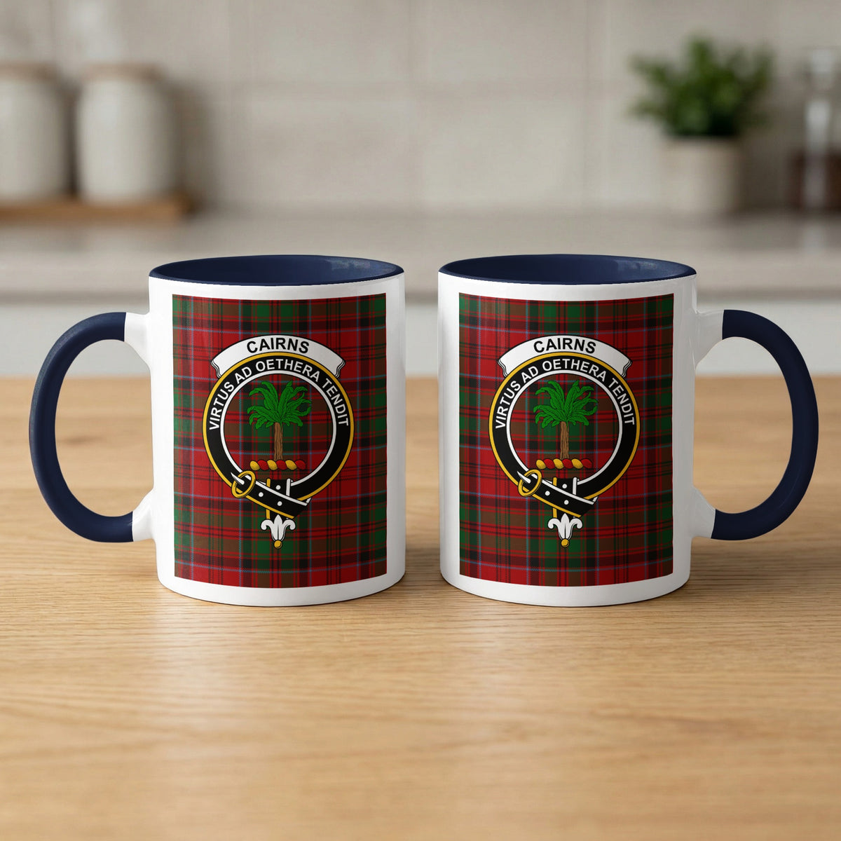 Pair of Cairns Scottish family crest 11 oz mugs with navy accents and a tartan background