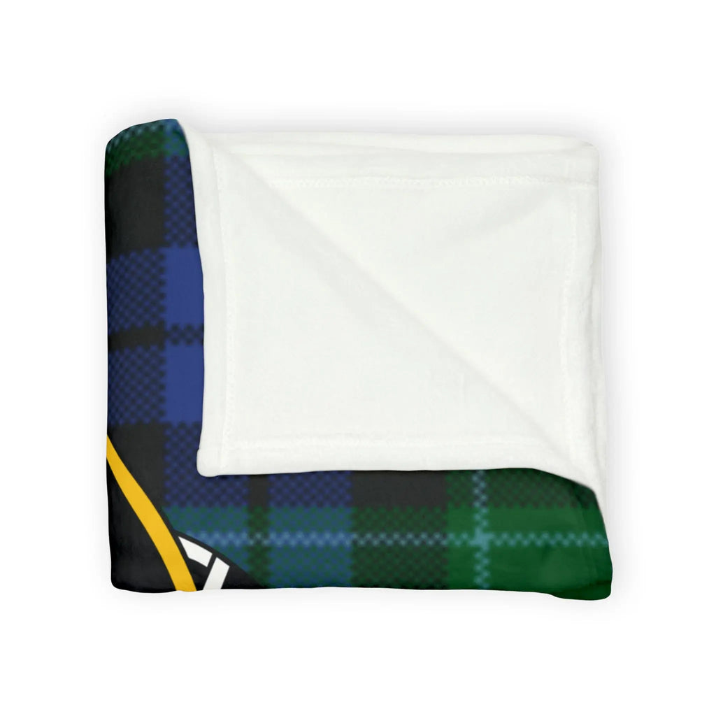 Graham clan tartan throw blanket folded — blue green and black plaid, lightweight polyester
