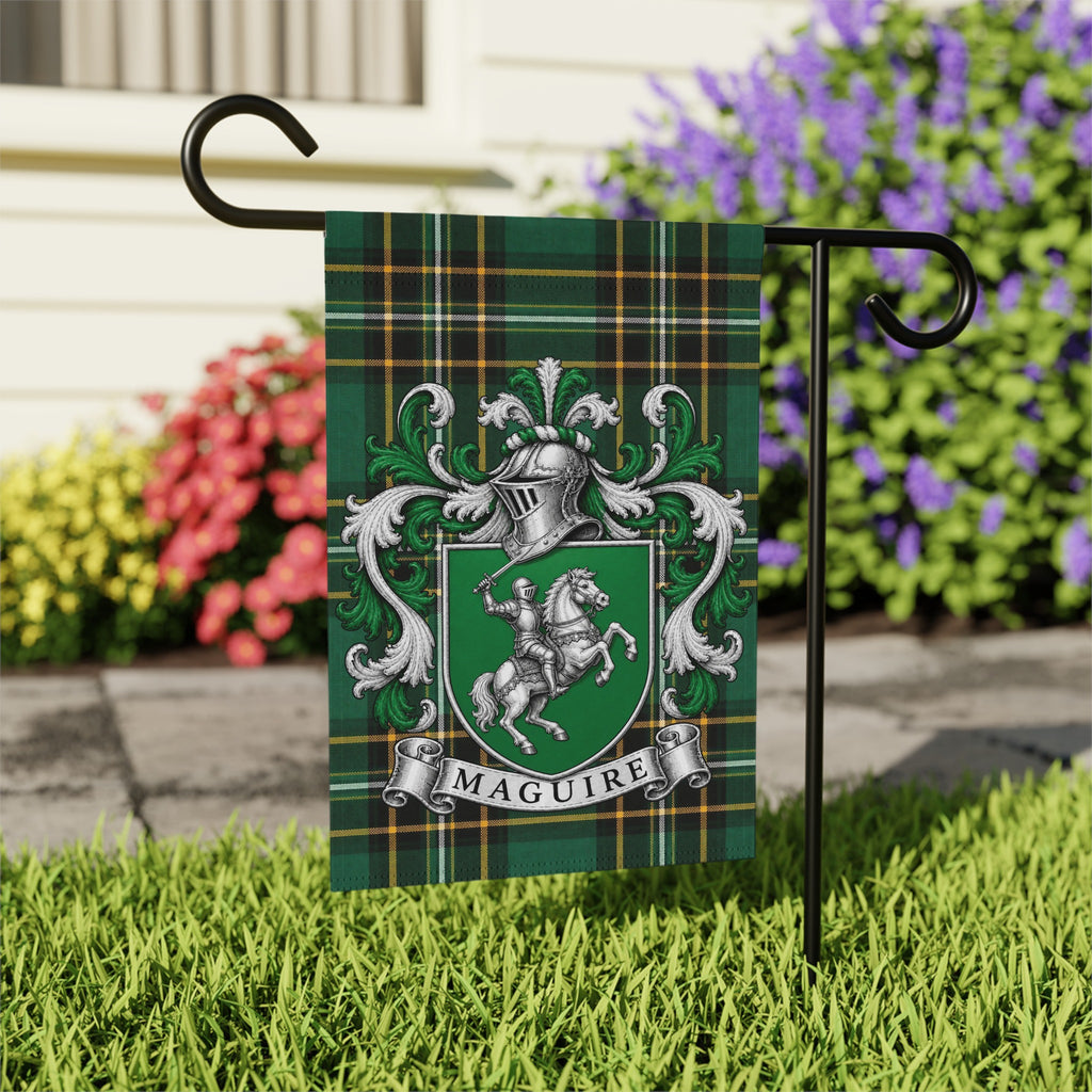 Maguire Irish family crest garden flag on Irish National Tartan, garden view
