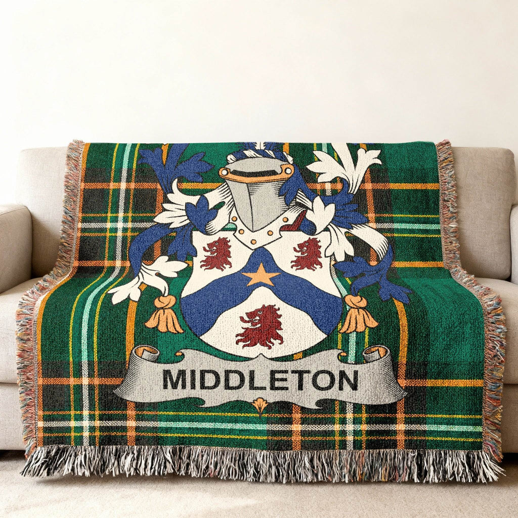 Green tartan throw blanket featuring the Middleton family crest with a surname banner.