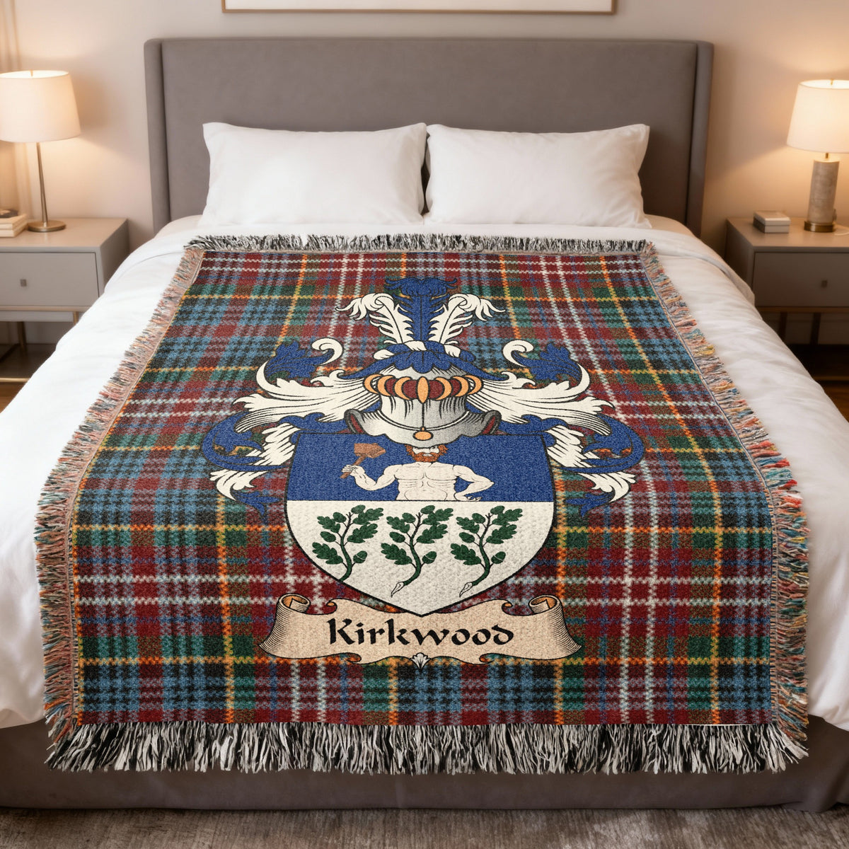 Kirkwood Caledonia tartan heritage woven throw blanket with family shield