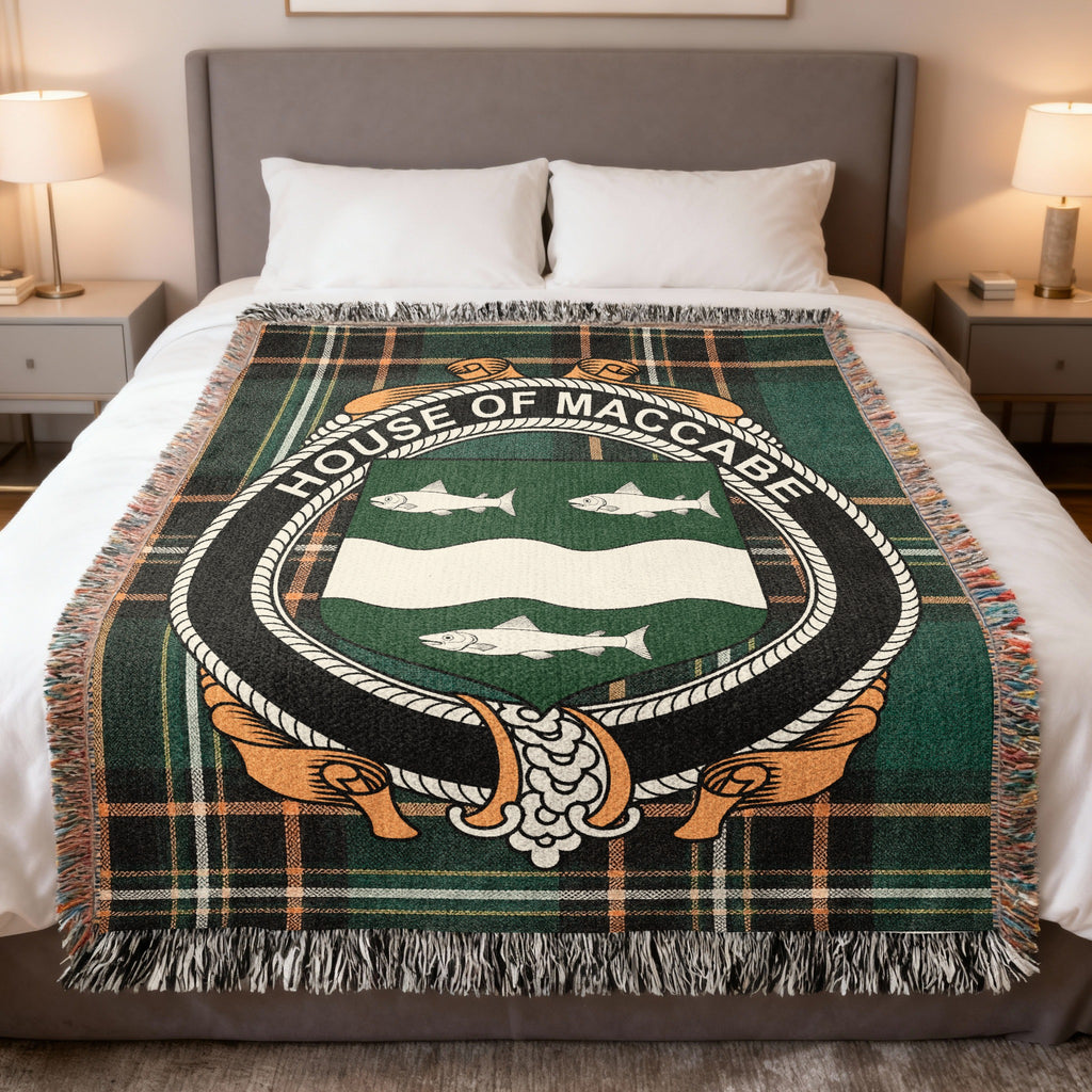 MacCabe Irish National Tartan woven blanket with family crest emblem