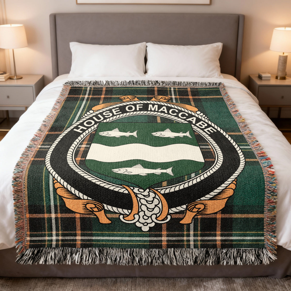 MacCabe Irish National Tartan woven blanket with family crest emblem
