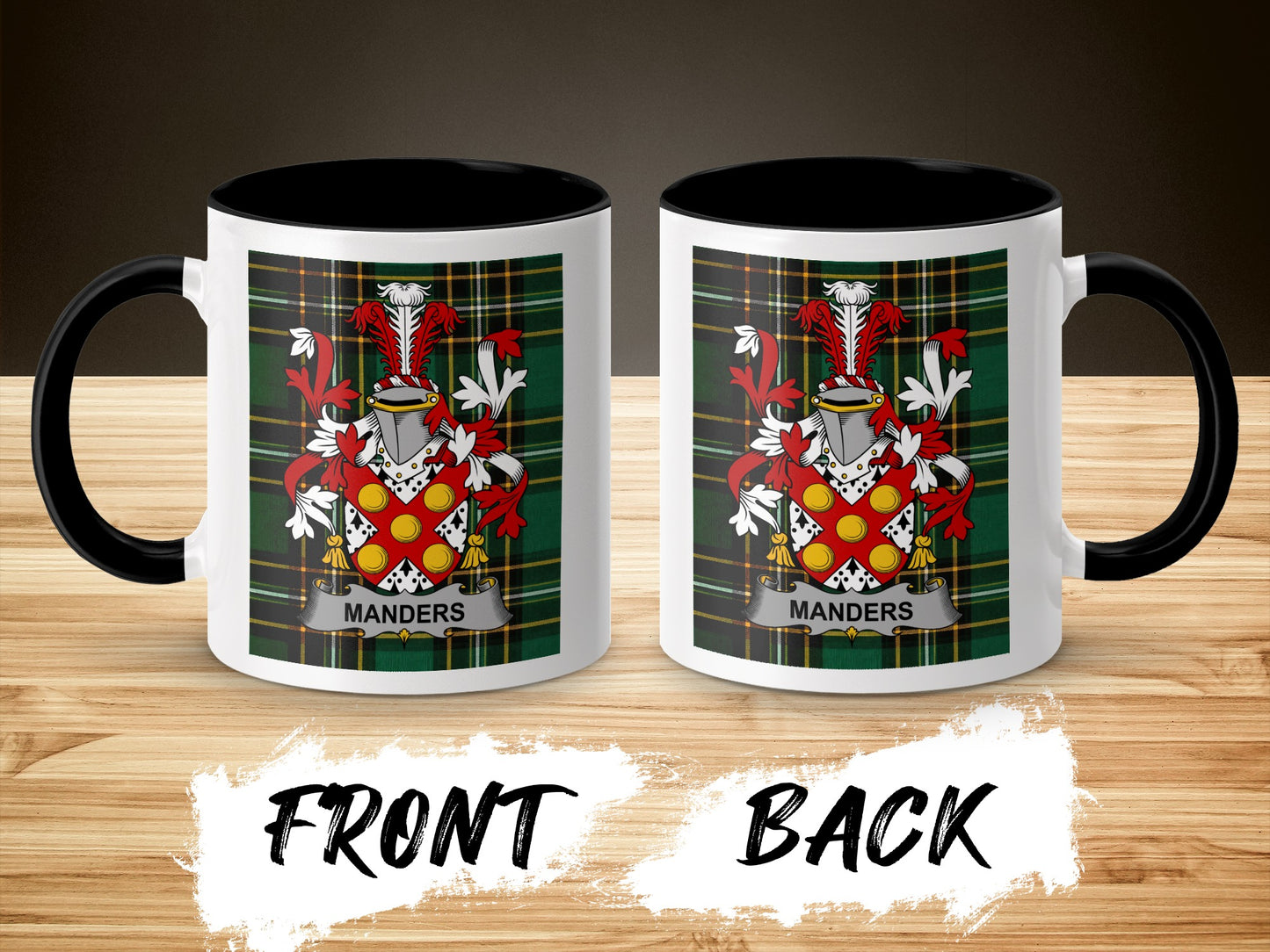 Two mugs featuring a coat of arms on plaid, labeled "MANDERS."