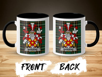 Two mugs featuring a coat of arms on plaid, labeled "MANDERS."
