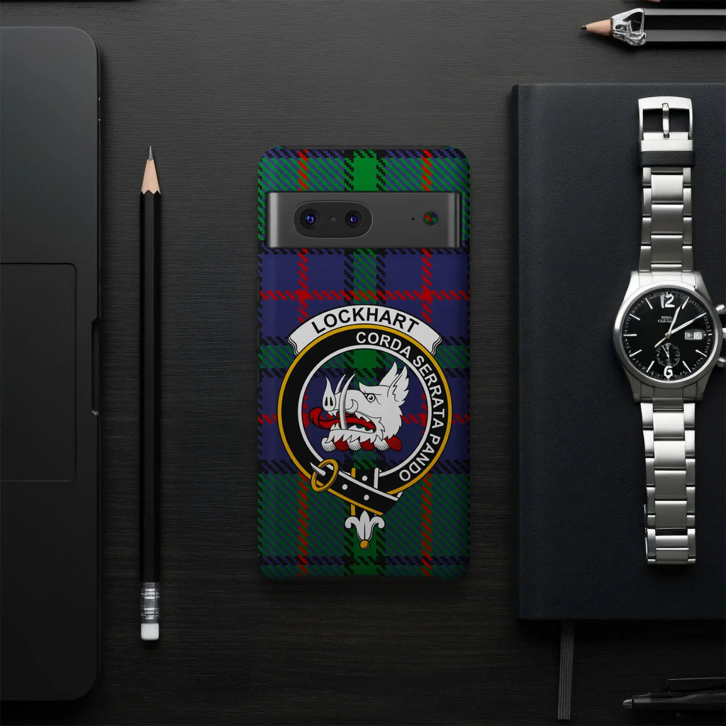 Clan Lockhart crest phone case — UV-resistant coating, boar's head tartan wrap, multiple device options