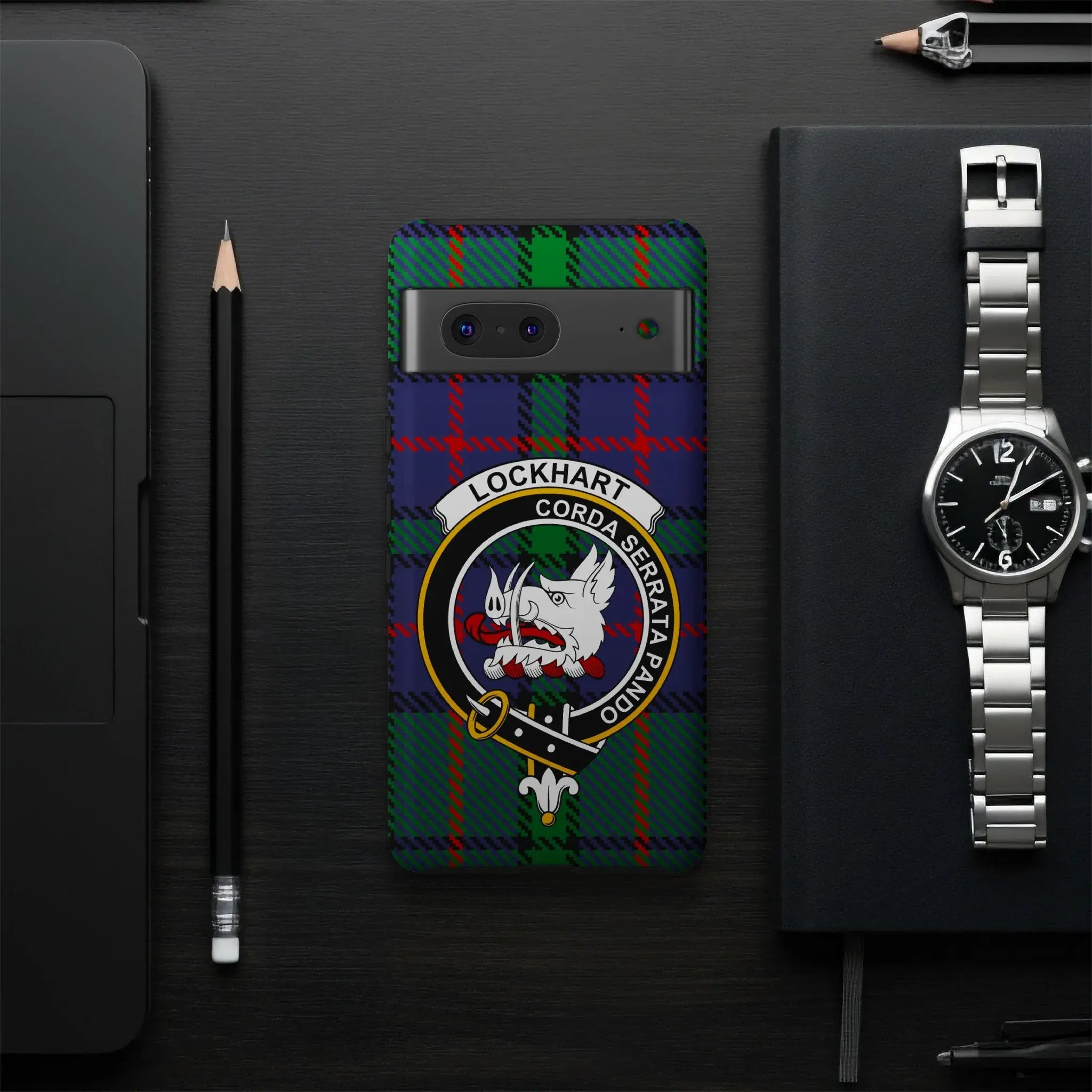 Clan Lockhart crest phone case — UV-resistant coating, boar's head tartan wrap, multiple device options