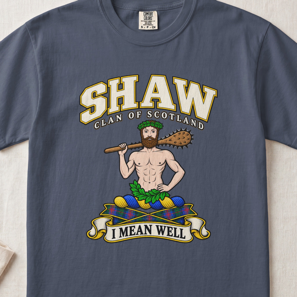 Shaw Scottish clan T-shirt in Midnight, front view with a bearded figure carrying a wooden club over one shoulder and motto banner.