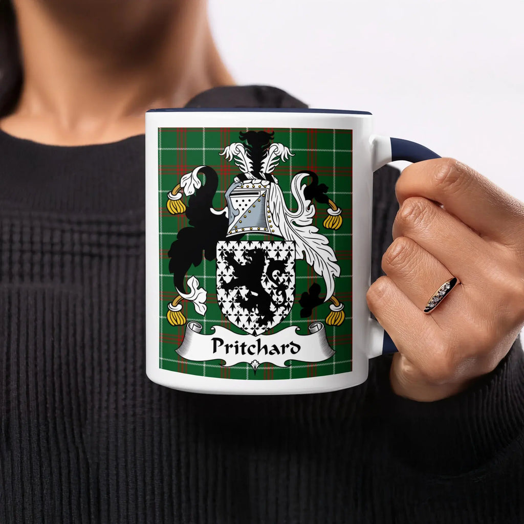 Pritchard Welsh ancestry gift mug with green Welsh National Tartan and family crest