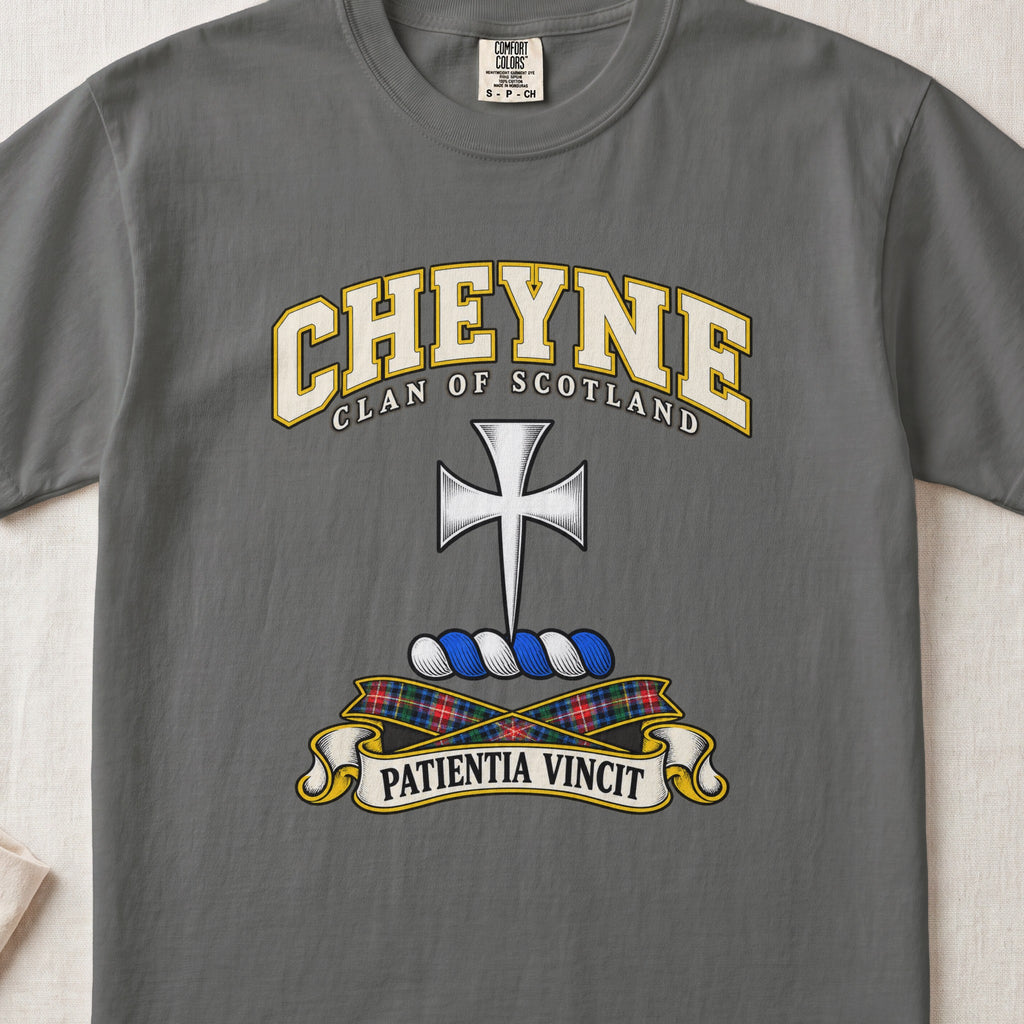 Cheyne Scottish clan T-shirt in Pepper, front view with a silver cross with flared arms and motto design.
