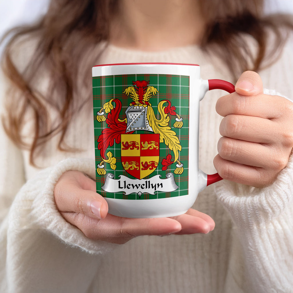 Llewellyn Welsh family name mug with red accent and coat of arms on tartan background