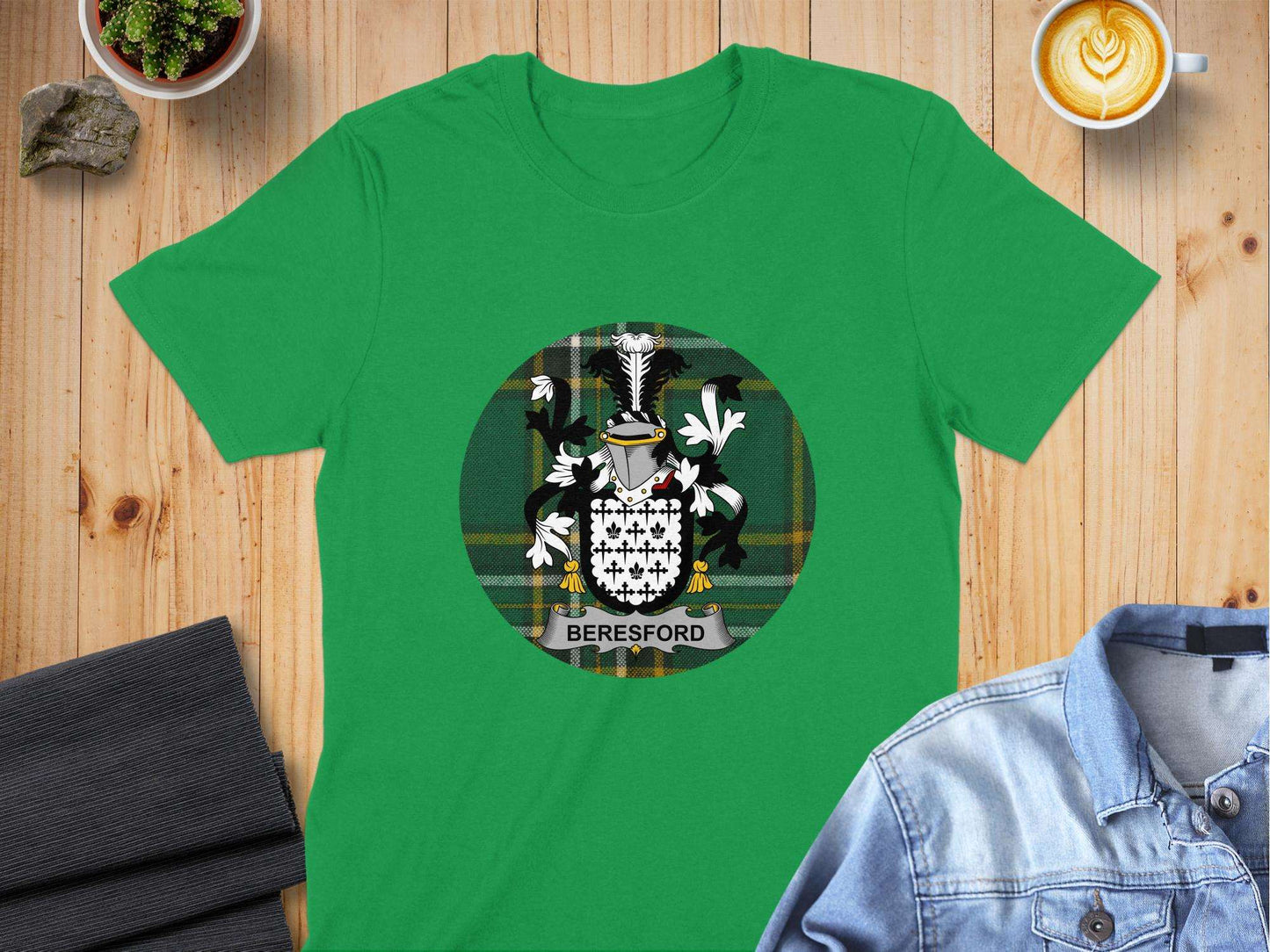 Beresford Family Crest Irish Tartan Background T-Shirt - Living Stone Gifts