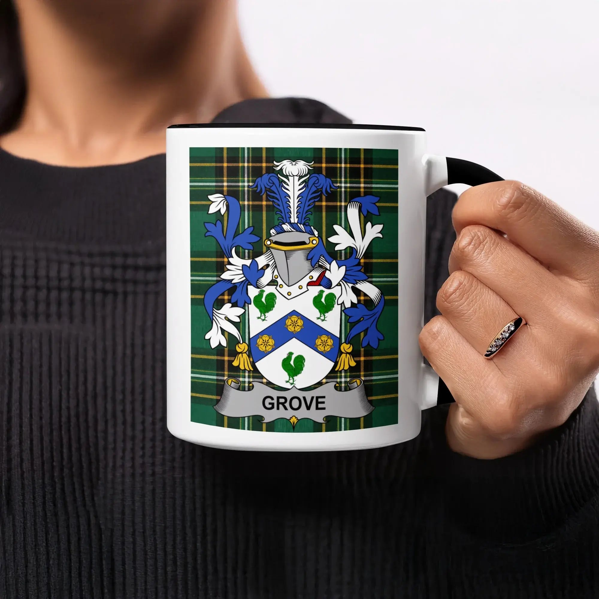 Black mug with white side featuring a family crest with the name GROVE.