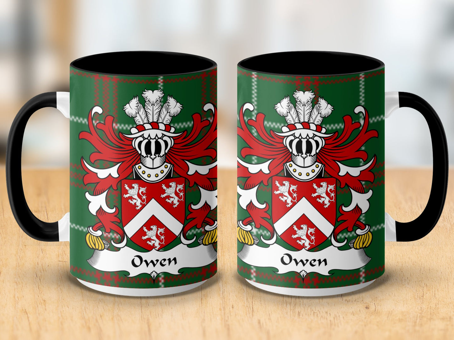 Owen Welsh Crest on National Tartan Background Mug - Living Stone Gifts