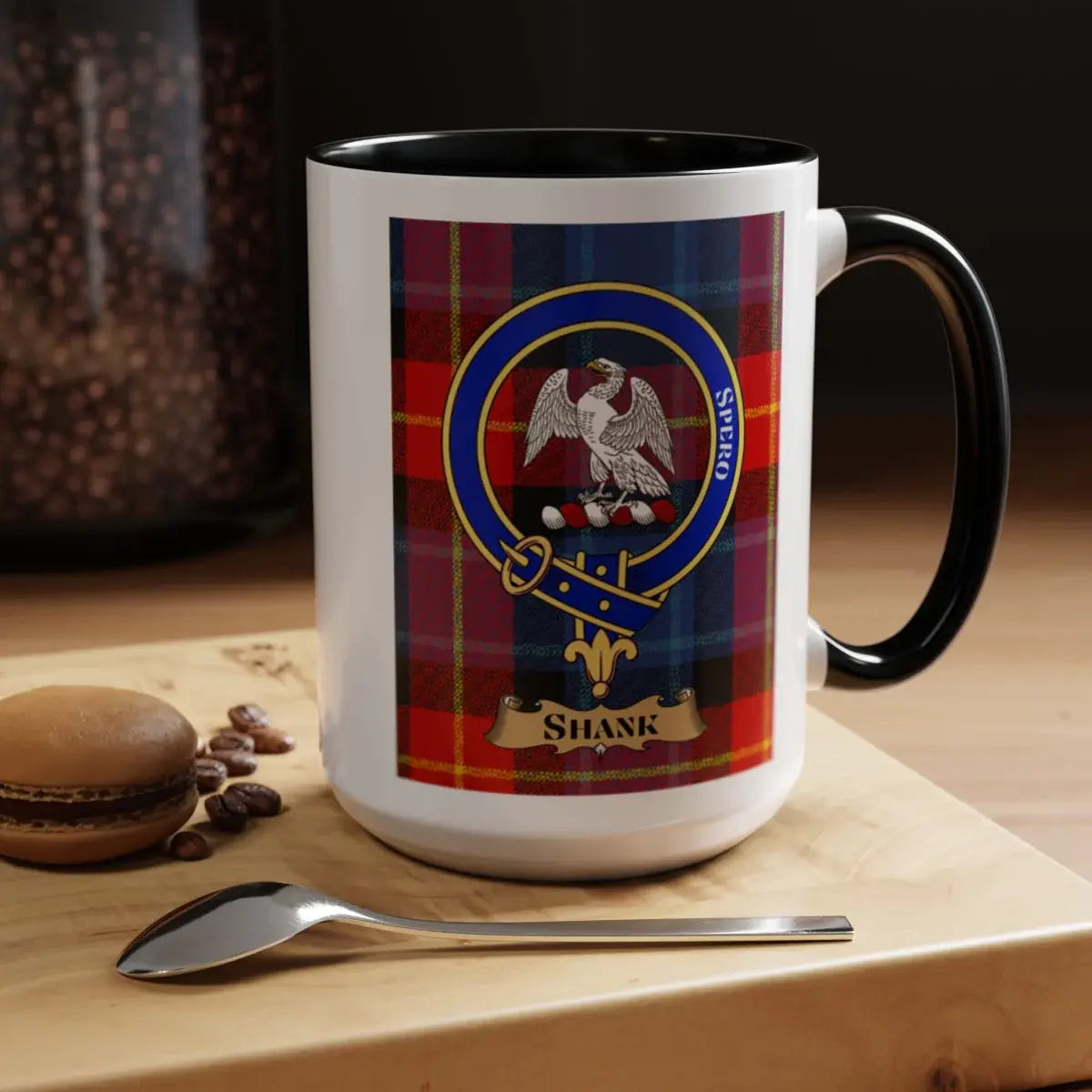 Close-up of the Shank clan crest printed on a ceramic mug