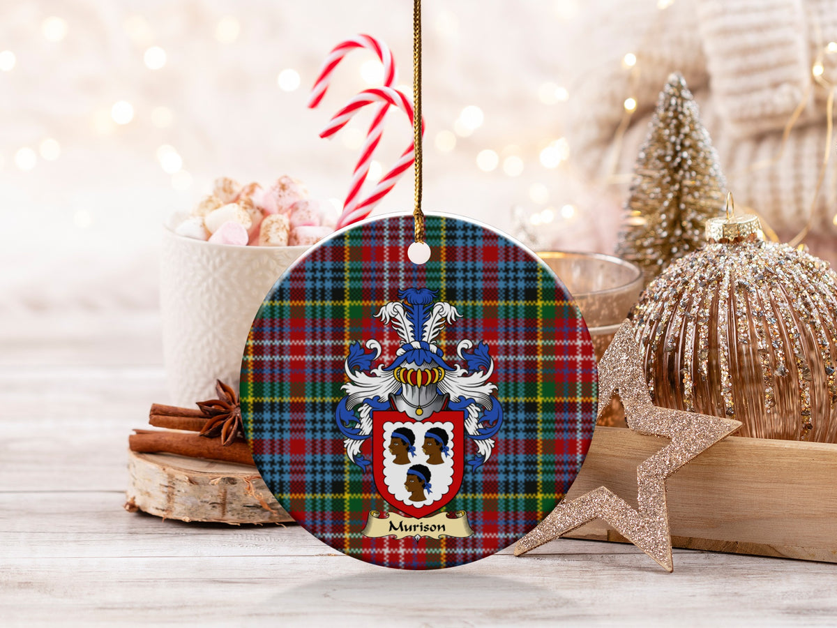 Double-sided Murison ceramic ornament with family shield and Caledonia tartan background