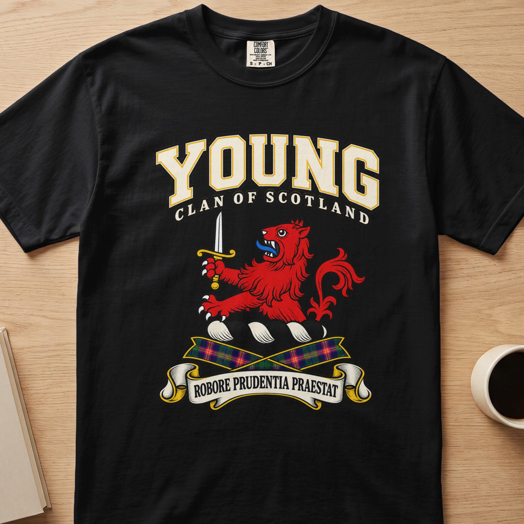 Young red lion with raised sword graphic on a black Comfort Colors T-shirt, front view