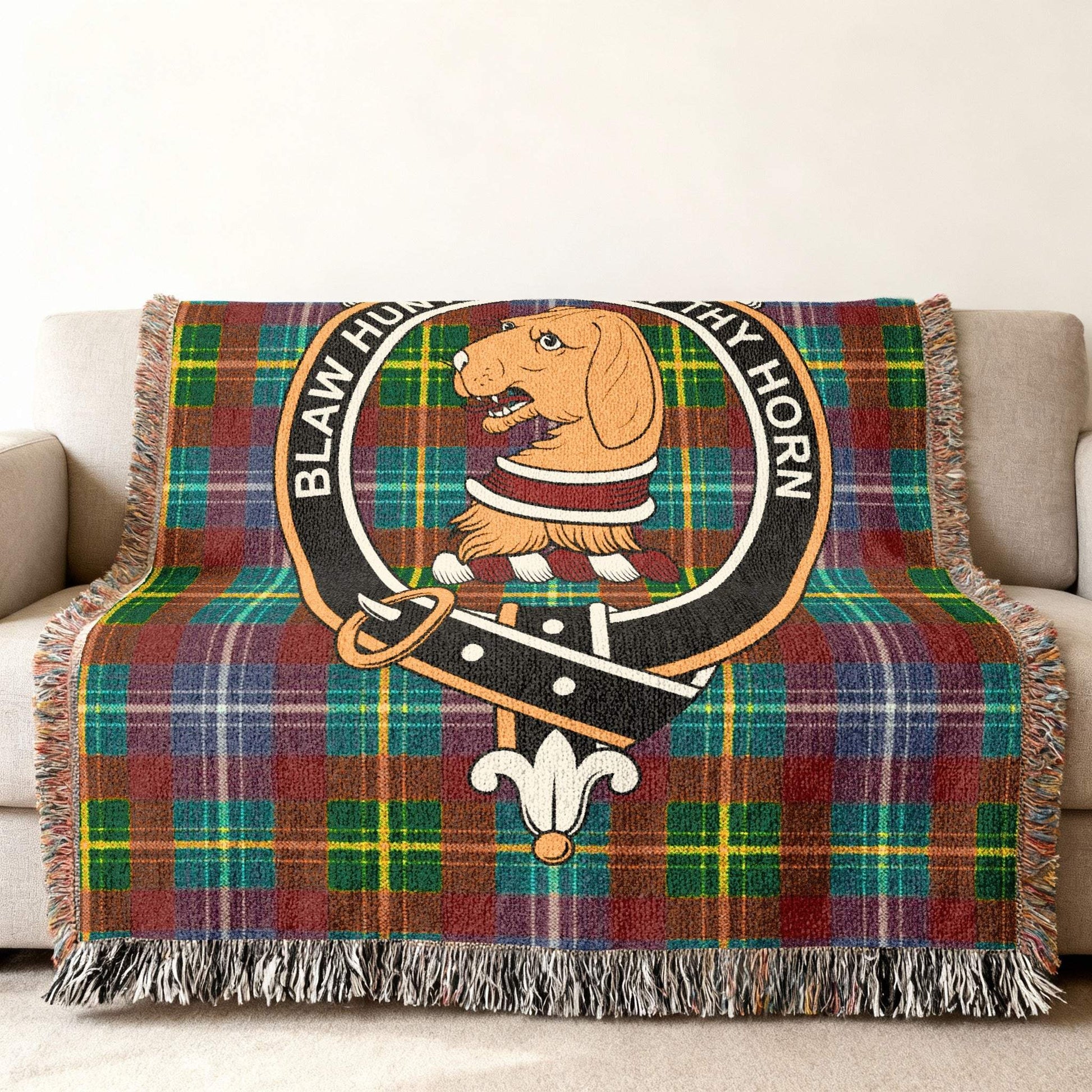 Blaw Horn Tartan Blanket with Dog Crest Design