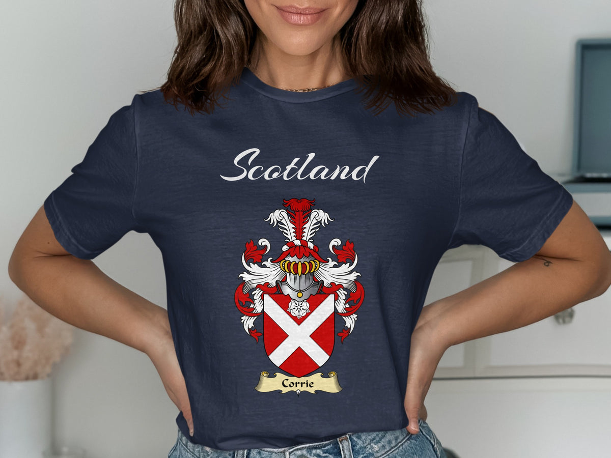 Corrie Scottish family shield design on Navy T-shirt