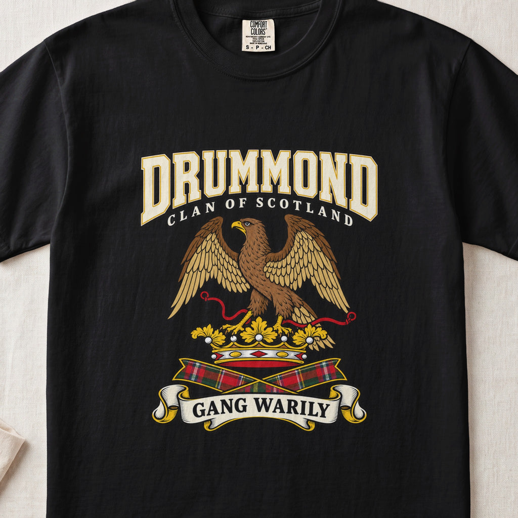 Drummond Scottish clan graphic T-shirt in Black, front view