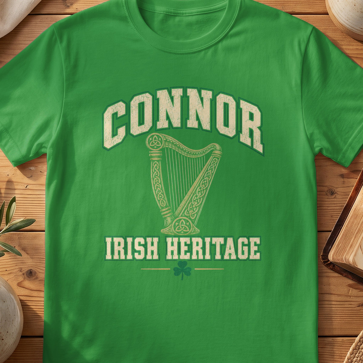 Connor Irish Heritage green Gildan 64000 T-shirt with Celtic harp design