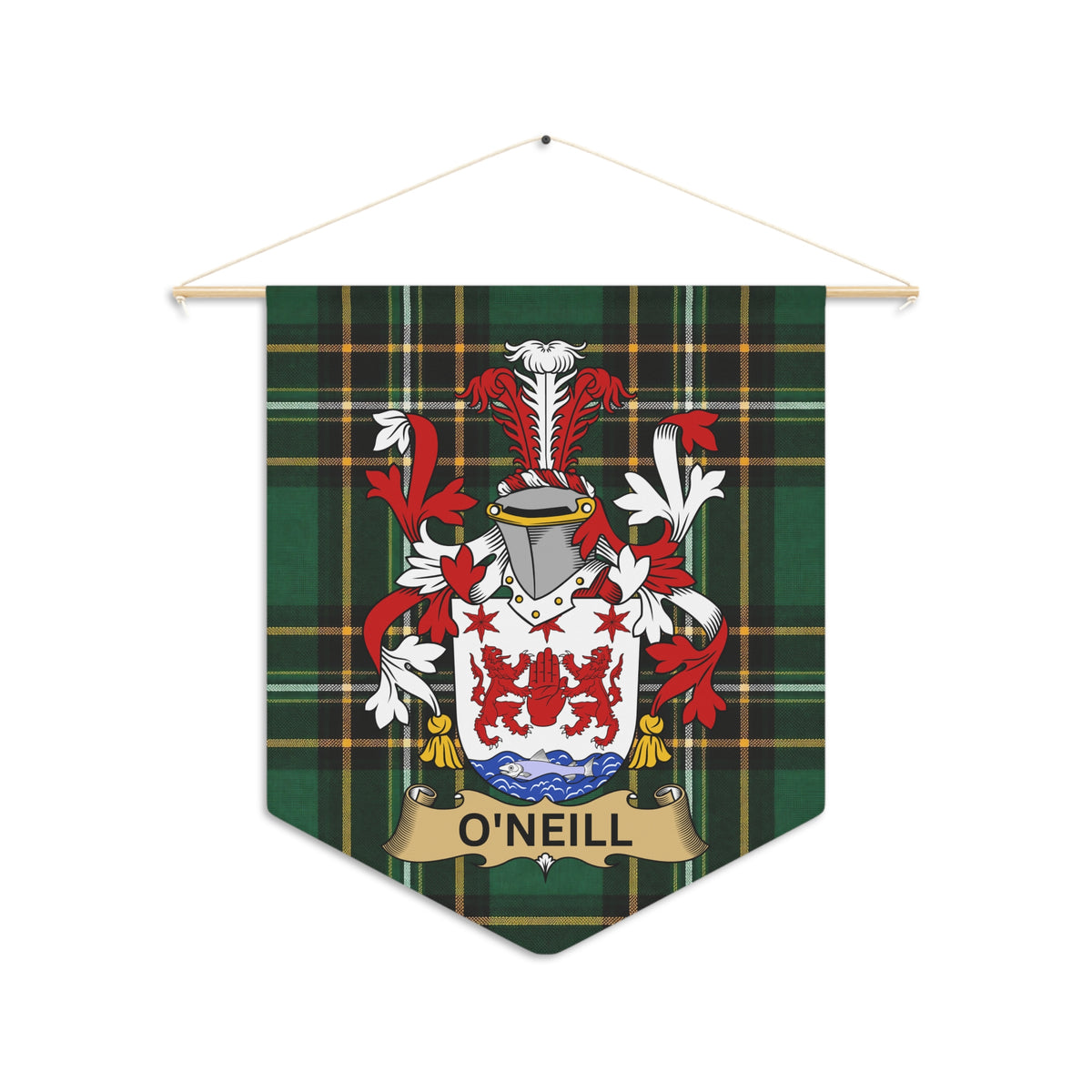 O'Neill family crest on a dark green tartan pennant banner hanging from a wooden dowel.