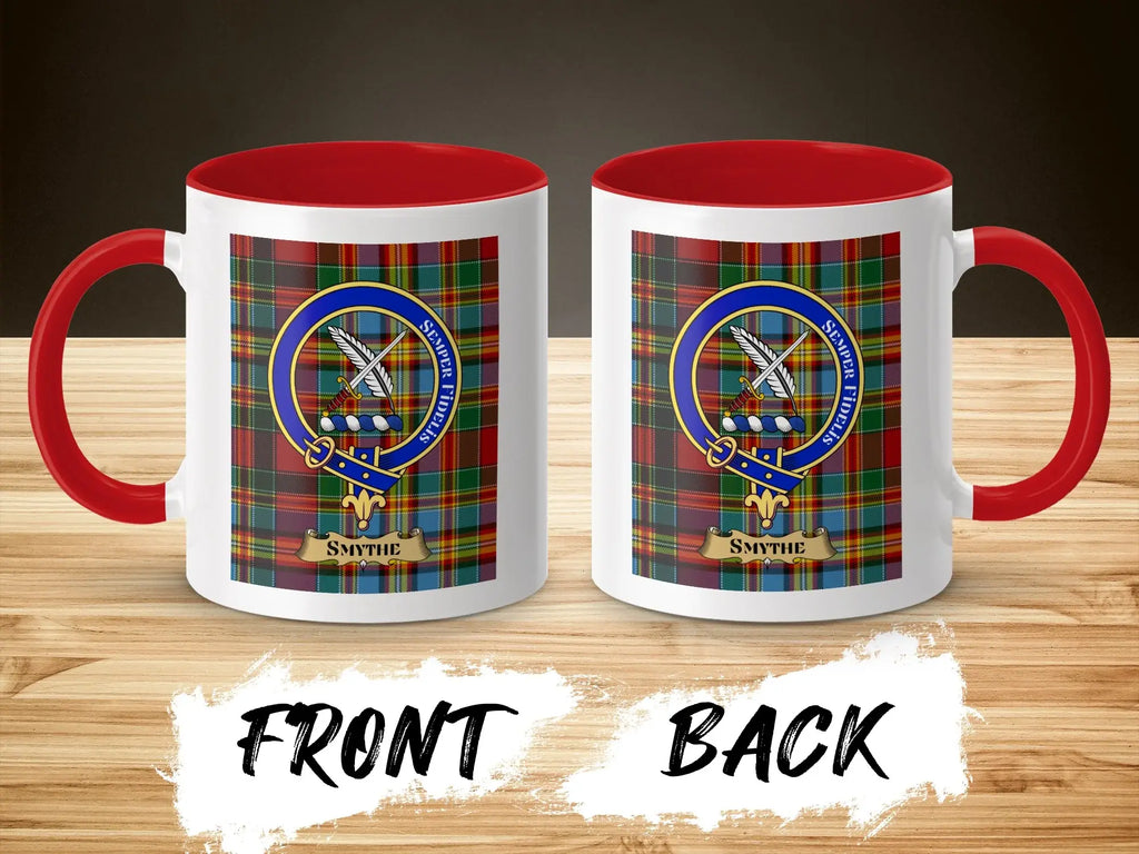 Smythe tartan-background crest mug shown as a Scottish heritage gift
