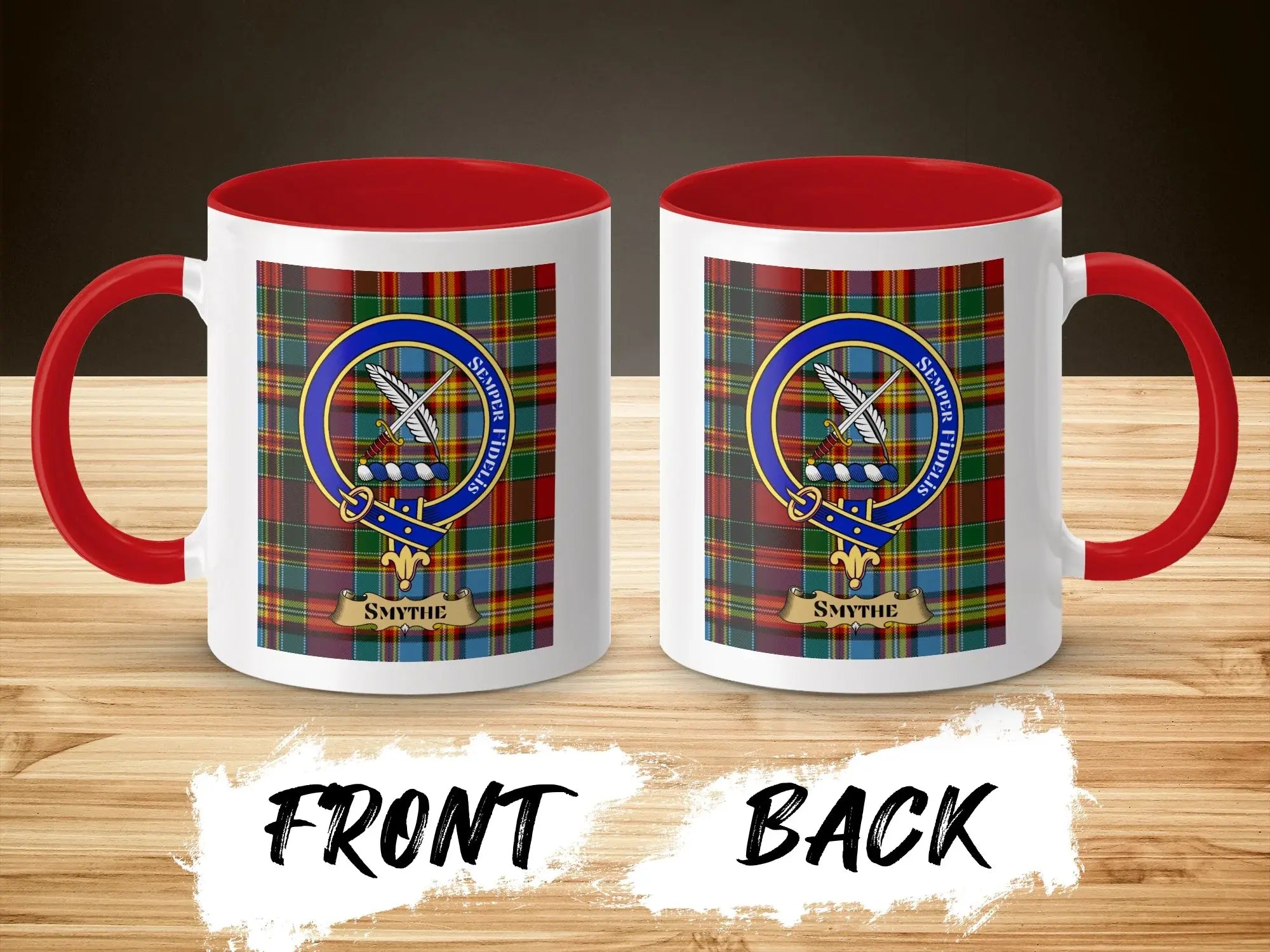 Smythe tartan-background crest mug shown as a Scottish heritage gift
