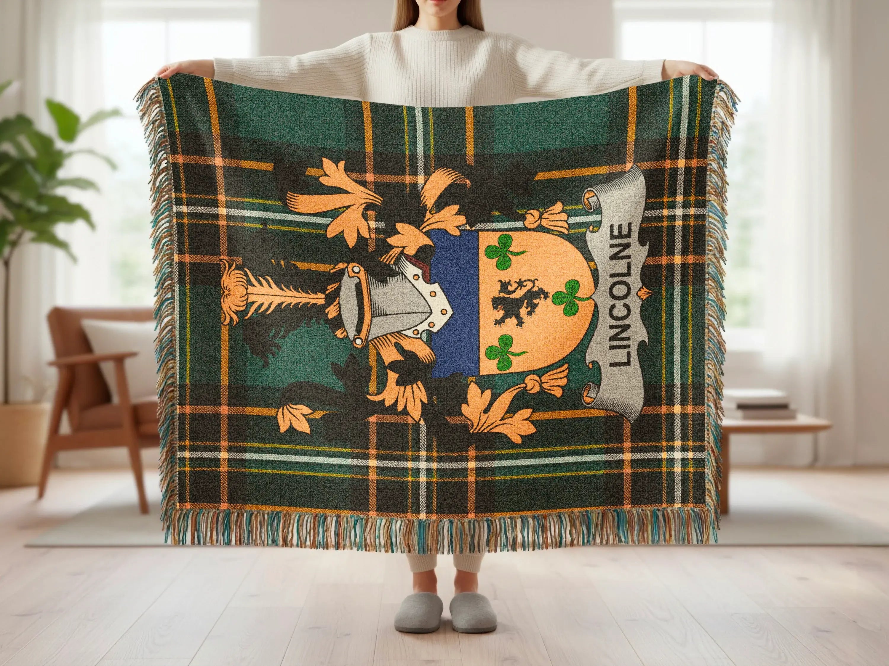 Tartan blanket with crest featuring "LINCOLNE" scroll.