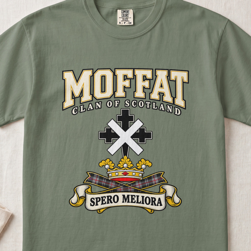 Moffat Scottish clan graphic T-shirt in Moss, front view