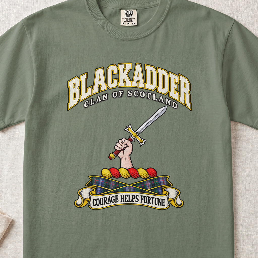 Blackadder Scottish clan T-shirt in Moss, front view with a hand holding a raised sword and motto banner.