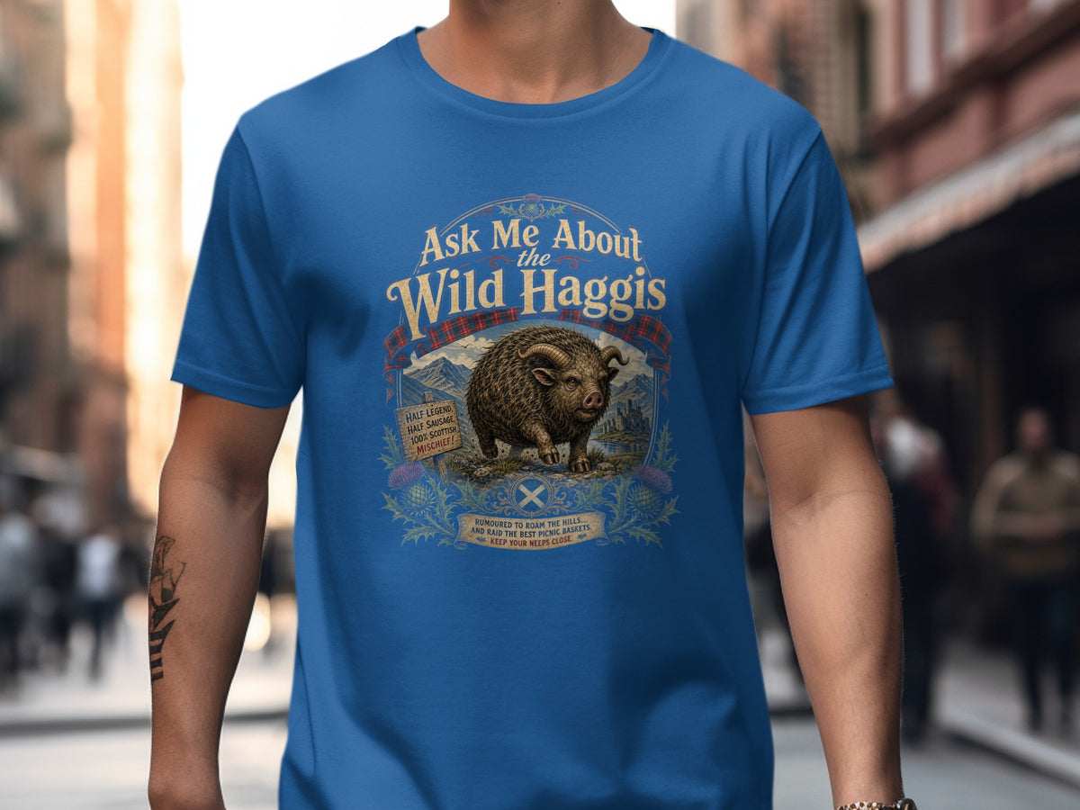 Blue t-shirt with "Ask Me About the Wild Haggis" and a wild boar graphic.